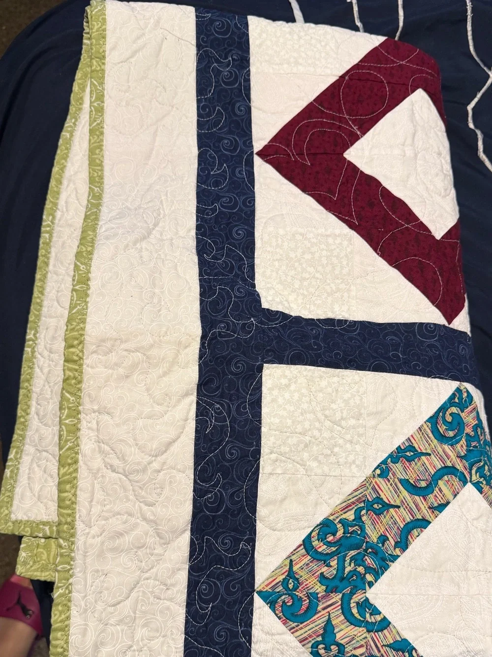 Handmade Geometric Patchwork Quilt in White with Multicolor Diamonds